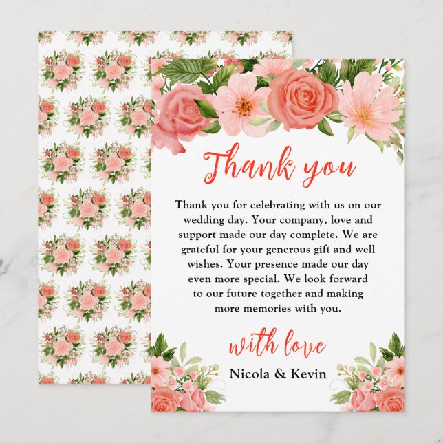 Coral Red Roses with Foliage Thank You Card (Front/Back)