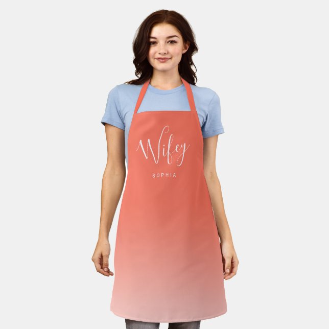 Coral red simple personalized wifey apron (Worn)