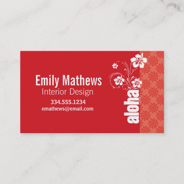 Coral & Red Swirl; Aloha Business Card (Front)