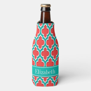 Coral Red, Teal Moroccan #4DS Teal Name Monogram Bottle Cooler