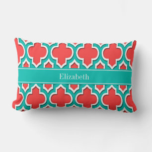 Coral Red, Teal Moroccan #4DS Teal Name Monogram Lumbar Pillow