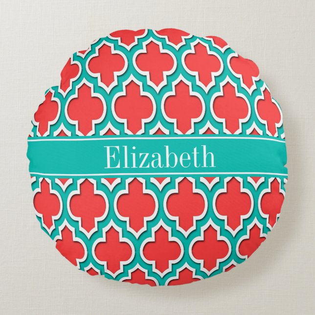 Coral Red, Teal Moroccan #4DS Teal Name Monogram Round Pillow (Front)