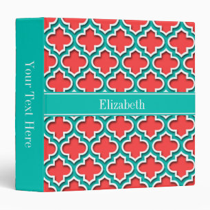 Coral Red, Teal Moroccan #5DS Teal Name Monogram Binder