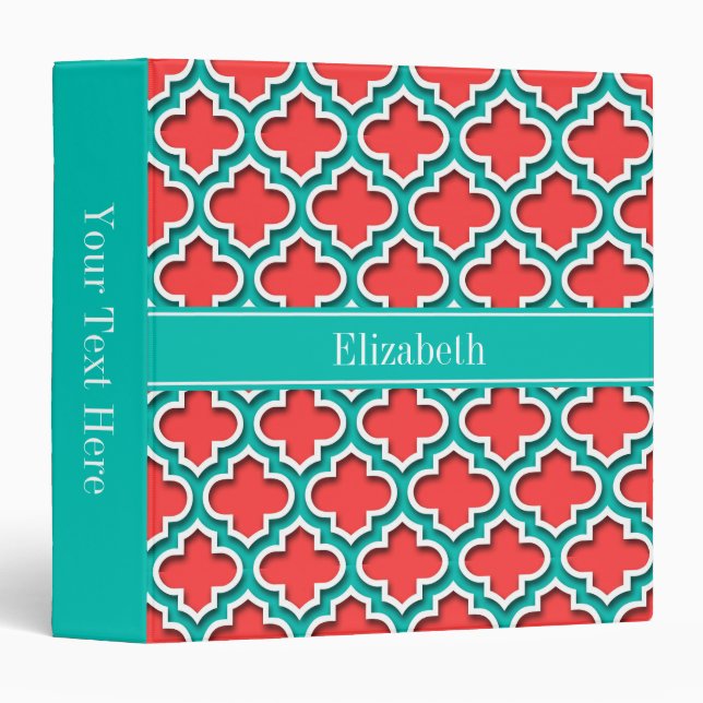 Coral Red, Teal Moroccan #5DS Teal Name Monogram Binder (Front/Spine)
