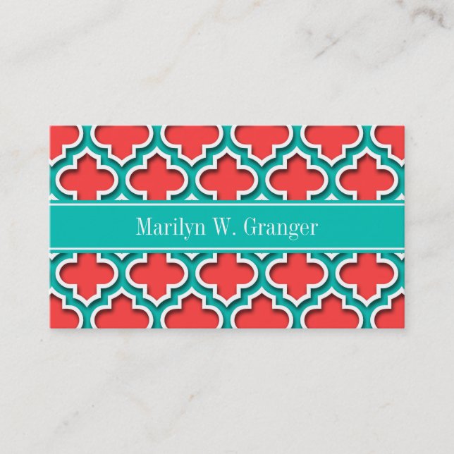 Coral Red, Teal Moroccan #5DS Teal Name Monogram Business Card (Front)