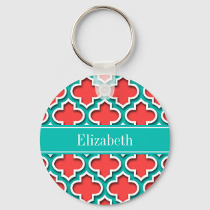 Coral Red, Teal Moroccan #5DS Teal Name Monogram Keychain