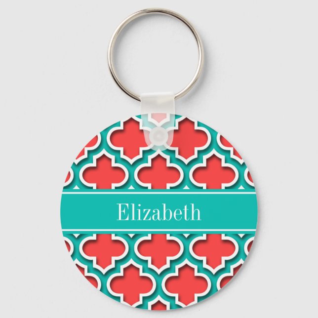 Coral Red, Teal Moroccan #5DS Teal Name Monogram Keychain (Front)