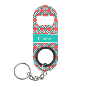Coral Red, Teal Moroccan #5DS Teal Name Monogram Mini Bottle Opener