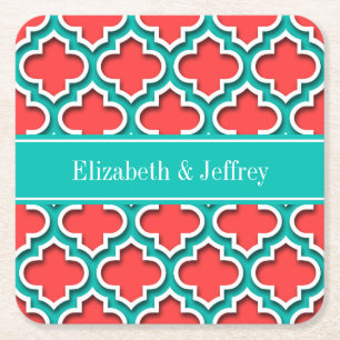 Coral Red, Teal Moroccan #5DS Teal Name Monogram Square Paper Coaster