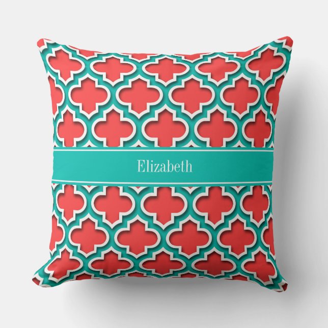 Coral Red, Teal Moroccan #5DS Teal Name Monogram Throw Pillow (Front)