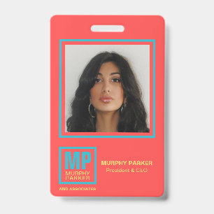 Coral Red Teal Yellow Monogram Logo Photo Badge