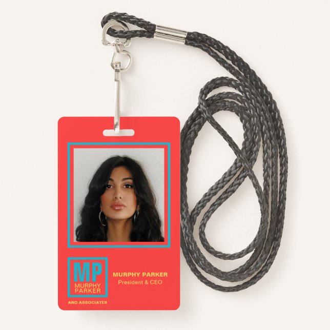 Coral Red Teal Yellow Monogram Logo Photo Badge (Front with Lanyard)
