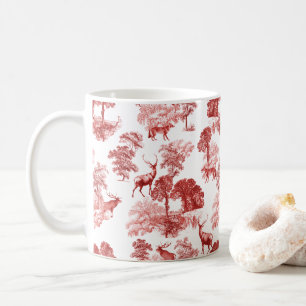 Coral Red Toile Stag Buck Deer Fox Forest Pattern Coffee Mug