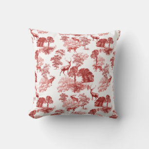 Coral Red Toile Stag Buck Deer Fox Forest Pattern Throw Pillow
