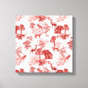 Coral Red Toile Stag Deer Fox Forest Motif