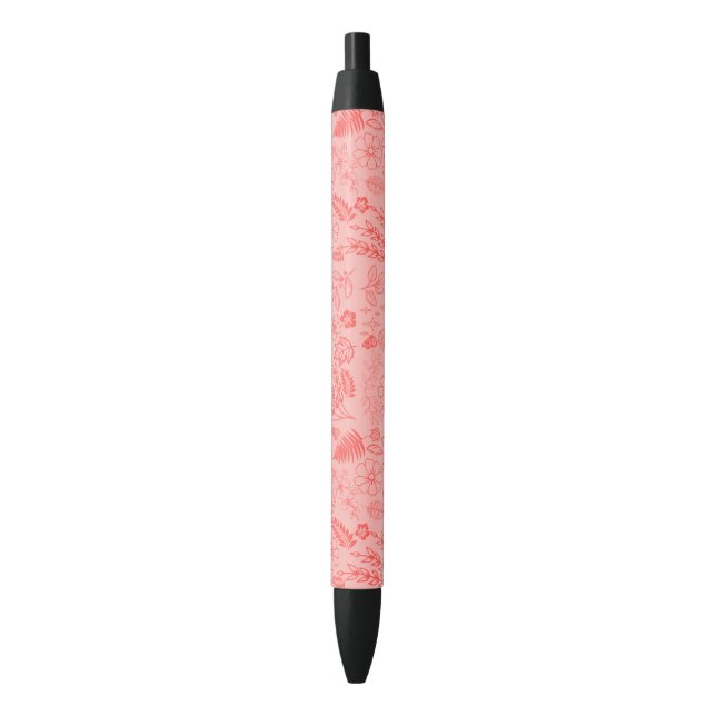 Coral Red Tropical Floral Pattern  Black Ink Pen (Front Vertical)