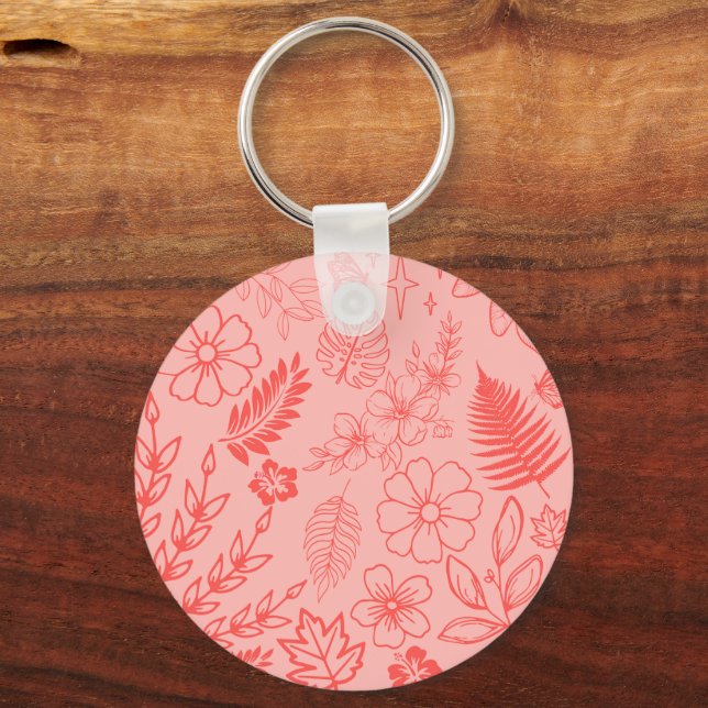 Coral Red Tropical Floral Pattern  Keychain (Front)
