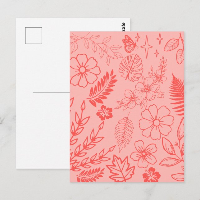 Coral Red Tropical Floral Pattern  Postcard (Front/Back)
