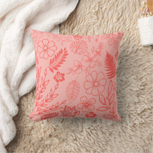 Coral Red Tropical Floral Pattern Throw Pillow