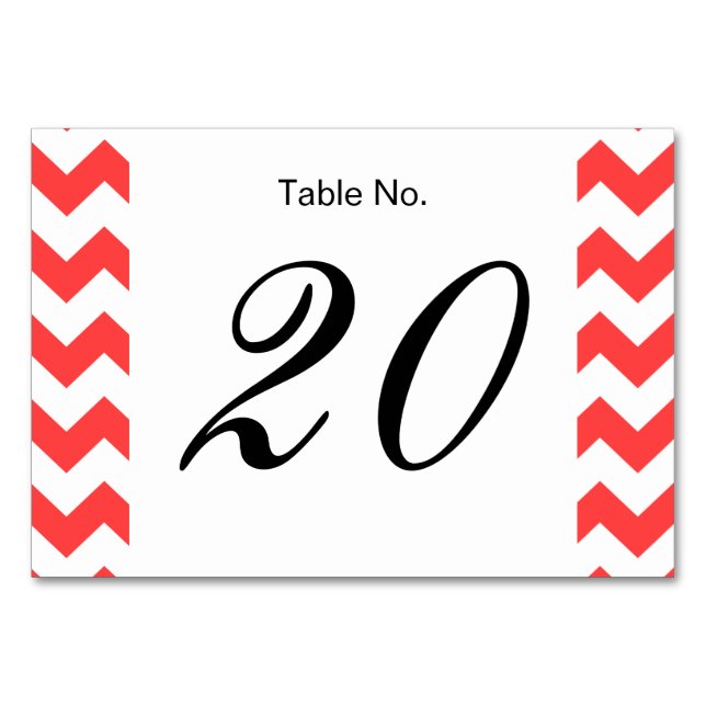 Coral Red White Chevron Pattern Table Number (Front)