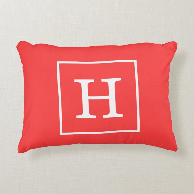 Coral Red White Framed Initial Monogram Accent Pillow (Front)