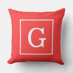 Coral Red White Framed Initial Monogram Throw Pillow