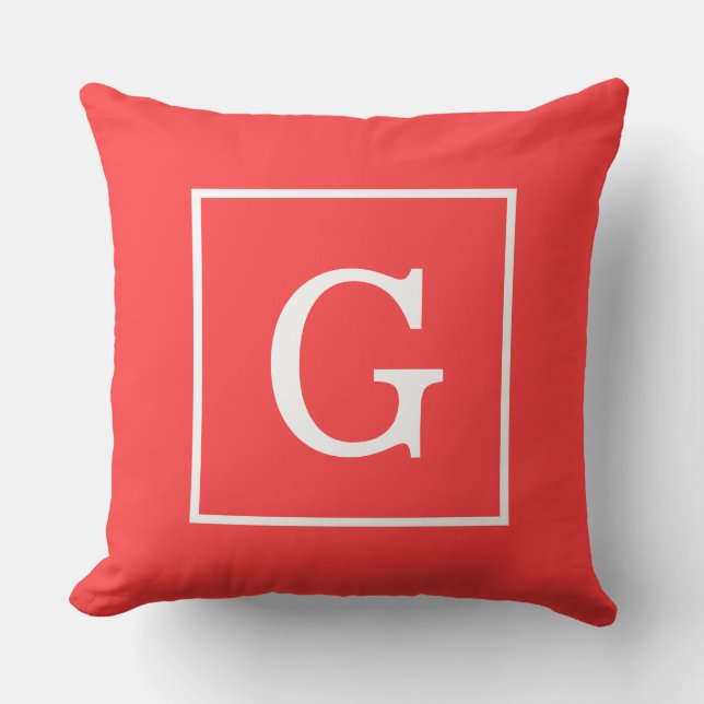 Coral Red White Framed Initial Monogram Throw Pillow (Front)
