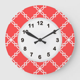 Coral Red White Large Fancy Quatrefoil Pattern Large Clock