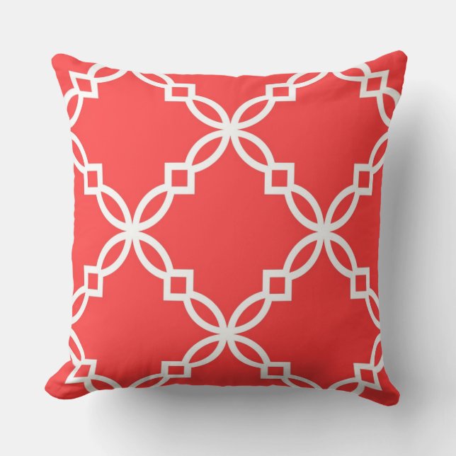 Coral Red White Large Fancy Quatrefoil Pattern Throw Pillow (Front)