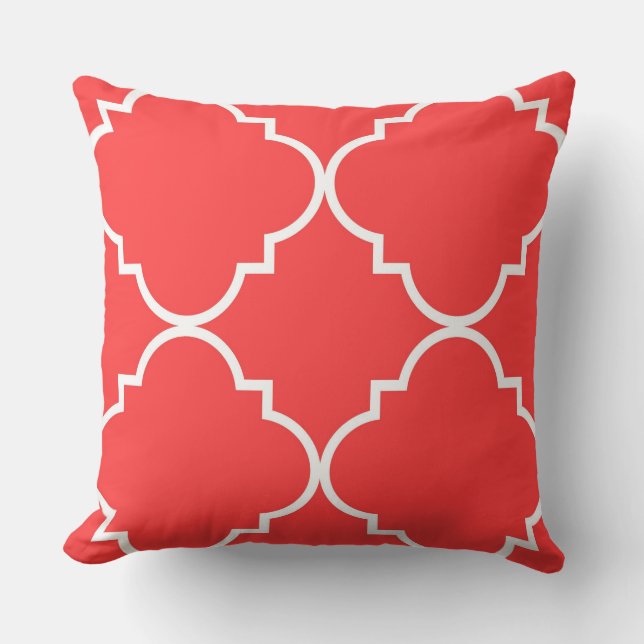 Coral Red White Large Quatrefoil Pattern Throw Pillow (Front)