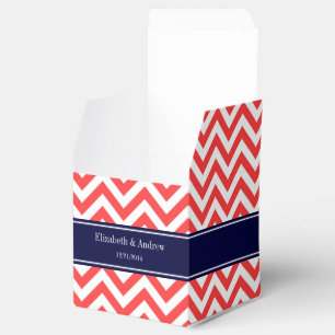 Coral Red White LG Chevron Navy Blue Name Monogram Favor Box