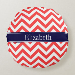 Coral Red White LG Chevron Navy Blue Name Monogram Round Pillow