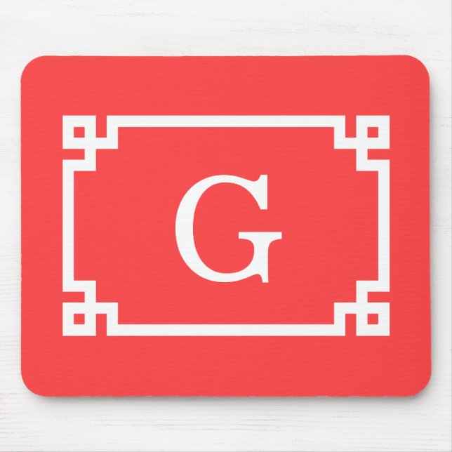 Coral Red Wht Greek Key Frame #2 Initial Monogram Mouse Pad (Front)