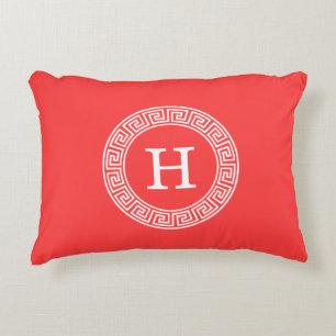 Coral Red Wht Greek Key Rnd Frame Initial Monogram Accent Pillow