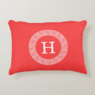 Coral Red Wht Greek Key Rnd Frame Initial Monogram Accent Pillow