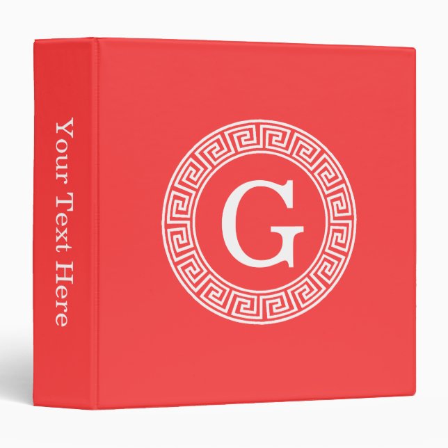 Coral Red Wht Greek Key Rnd Frame Initial Monogram Binder (Front/Spine)