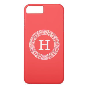 Coral Red Wht Greek Key Rnd Frame Initial Monogram Case-Mate iPhone Case