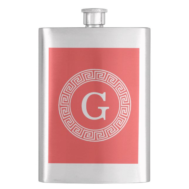 Coral Red Wht Greek Key Rnd Frame Initial Monogram Hip Flask (Front)