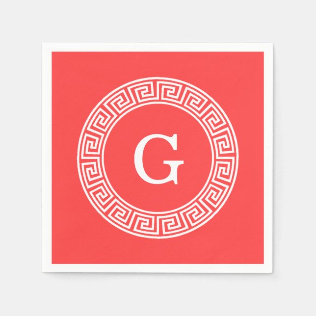 Coral Red Wht Greek Key Rnd Frame Initial Monogram Napkin (Front)