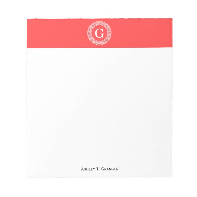 Coral Red Wht Greek Key Rnd Frame Initial Monogram Notepad (Front)
