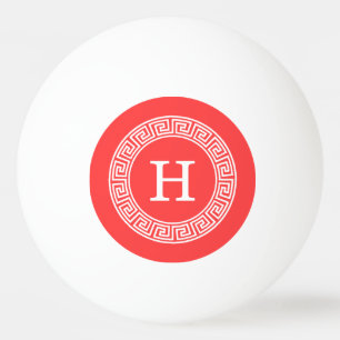 Coral Red Wht Greek Key Rnd Frame Initial Monogram Ping Pong Ball