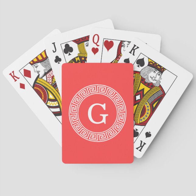 Coral Red Wht Greek Key Rnd Frame Initial Monogram Playing Cards (Back)