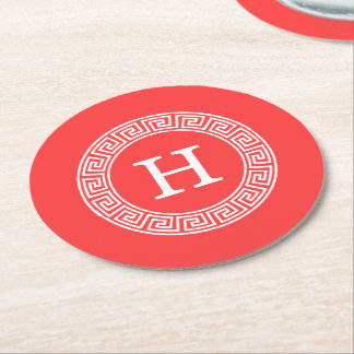 Coral Red Wht Greek Key Rnd Frame Initial Monogram Round Paper Coaster