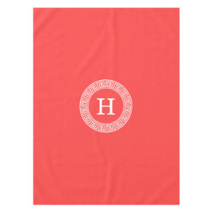 Coral Red Wht Greek Key Rnd Frame Initial Monogram Tablecloth