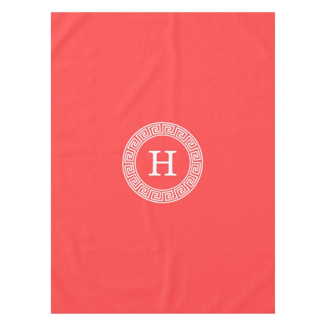 Coral Red Wht Greek Key Rnd Frame Initial Monogram Tablecloth (Front)