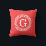 Coral Red Wht Greek Key Rnd Frame Initial Monogram Throw Pillow<br><div class="desc">Coral Red and White Greek Key Round Framed Initial Monogram A stylish solid background with a white Greek Key frame area for your monogram, name or other text. You can also change the text font, change the font size and colour, move the text, adjust the size of the frame, etc....</div>