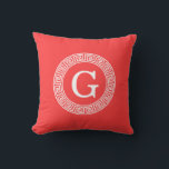 Coral Red Wht Greek Key Rnd Frame Initial Monogram Throw Pillow<br><div class="desc">Coral Red and White Greek Key Round Framed Initial Monogram A stylish solid background with a white Greek Key frame area for your monogram, name or other text. You can also change the text font, change the font size and colour, move the text, adjust the size of the frame, etc....</div>
