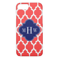 Coral Red Wht Moroccan #4 Navy Name Monogram