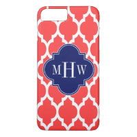 Coral Red Wht Moroccan #4 Navy Name Monogram