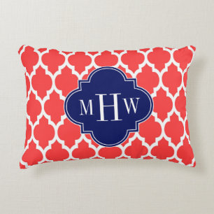 Coral Red Wht Moroccan #4 Navy Name Monogram Decorative Pillow